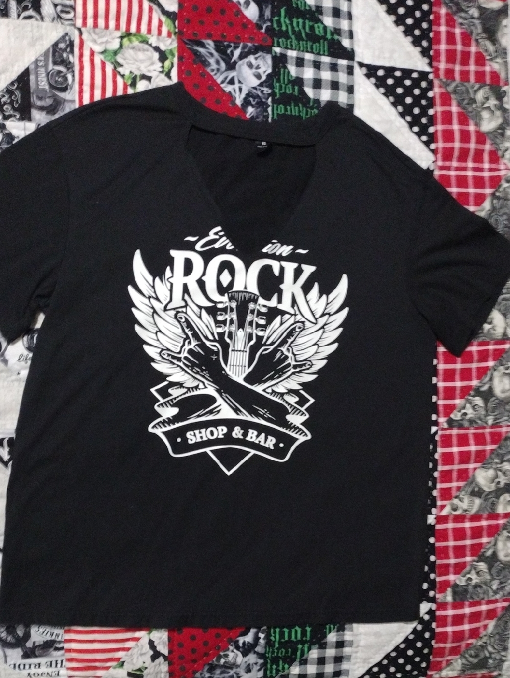 Black V-Neck Rock Shop & Bar Graphic Tee